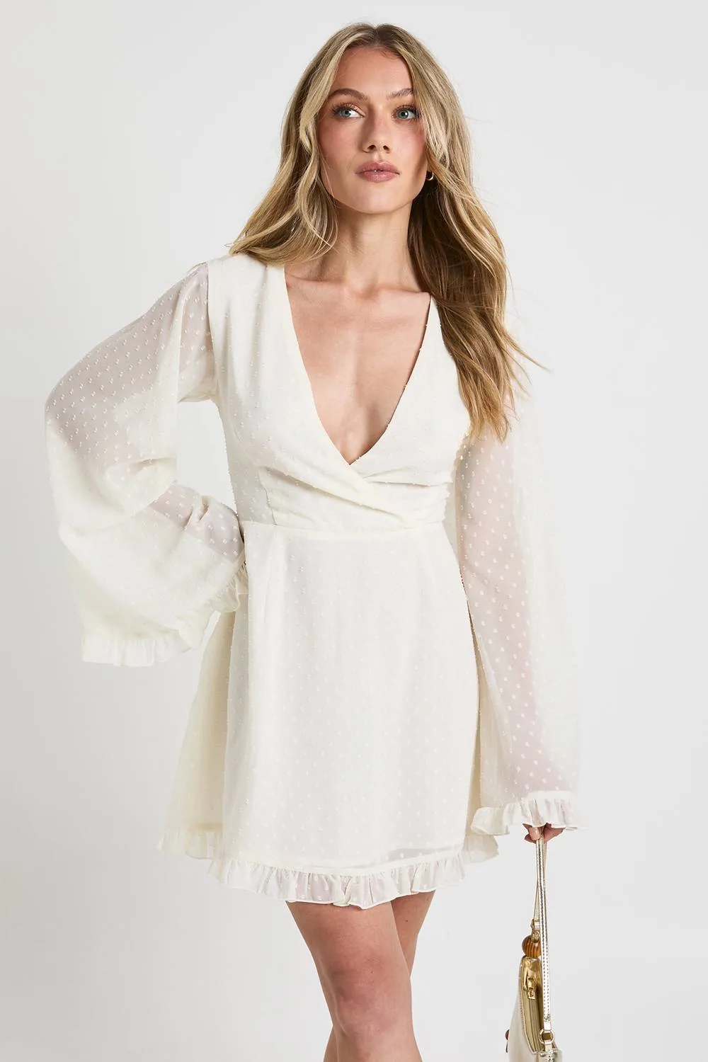 Dobby Flare Sleeve Wrap Mini Dress by boohoo