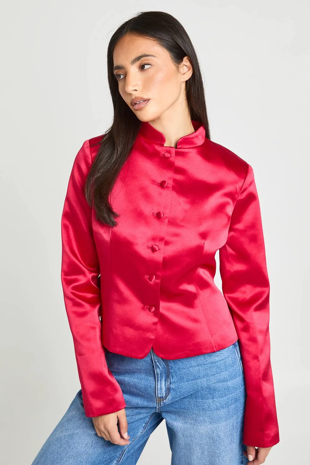 Structured Satin Button Down Peplum Blazer by boohoo