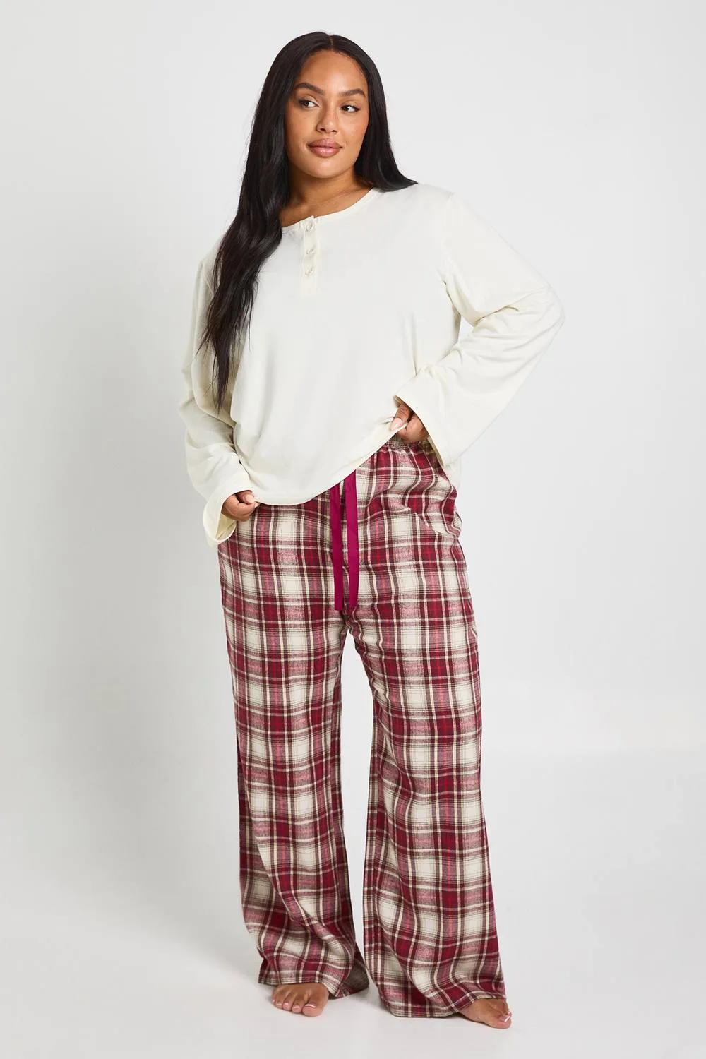 Plus Soft Touch Gingham Long Sleeve Button Top & Trouser Pyjama Set by boohoo