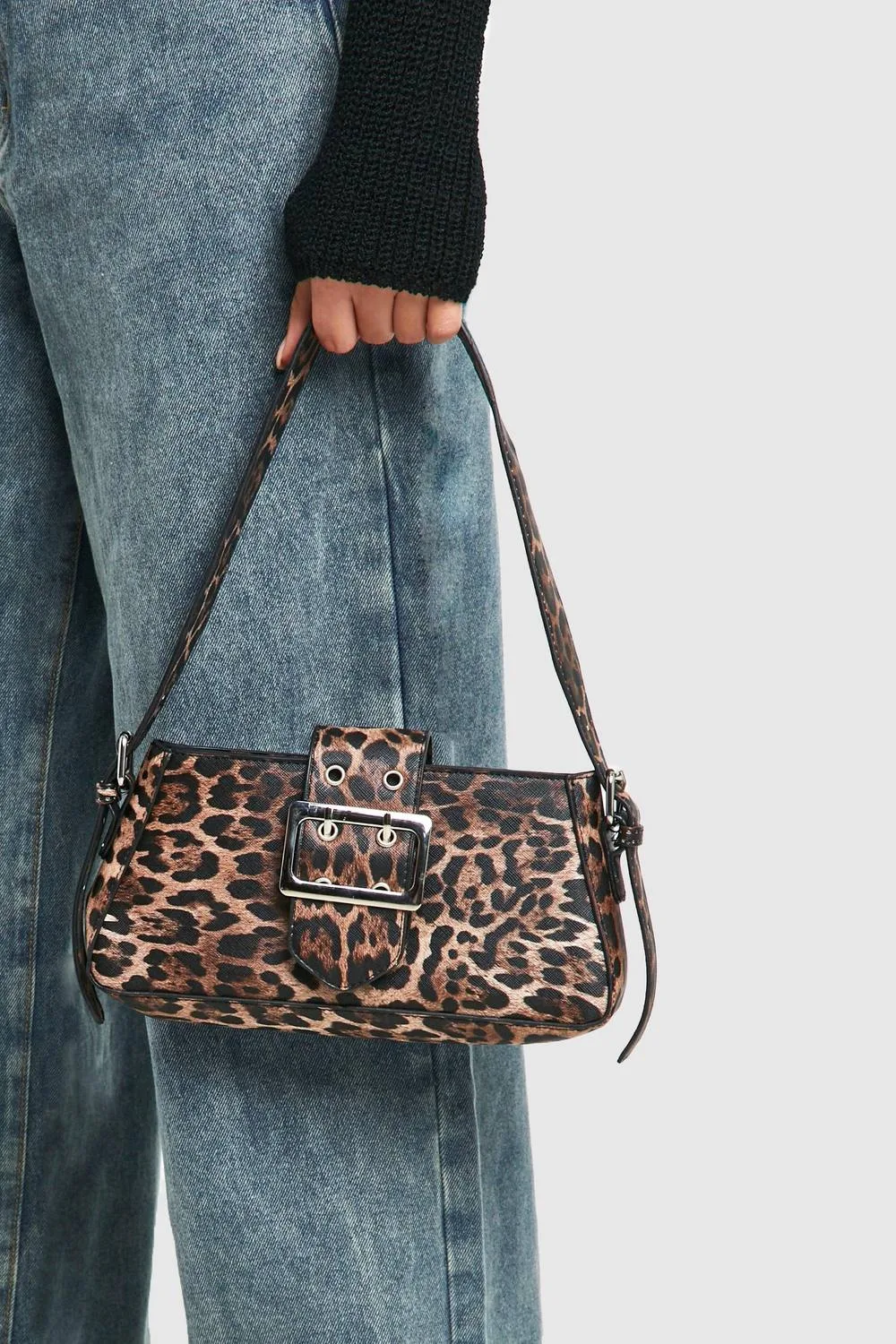 Buckle Detail Leopard Shoulder Bag by boohoo