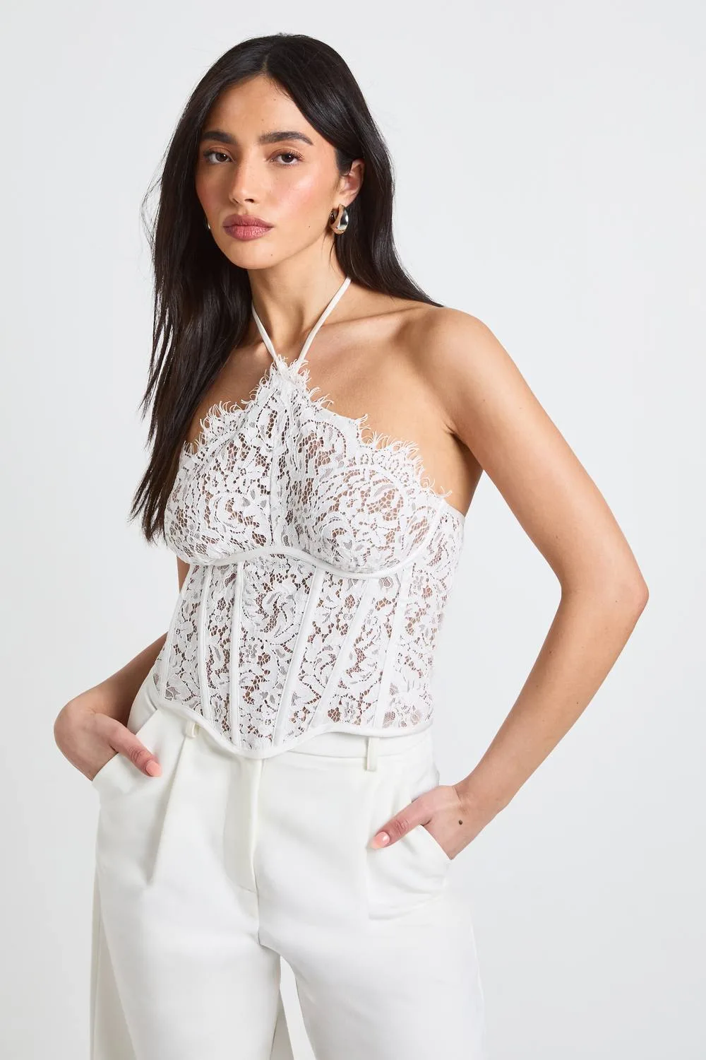 Scallop Edge Lace Halter Corset Top by boohoo