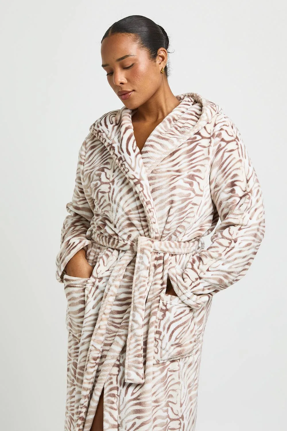 Plus Zebra Print Fleece Hooded Long Dressing Gown by boohoo
