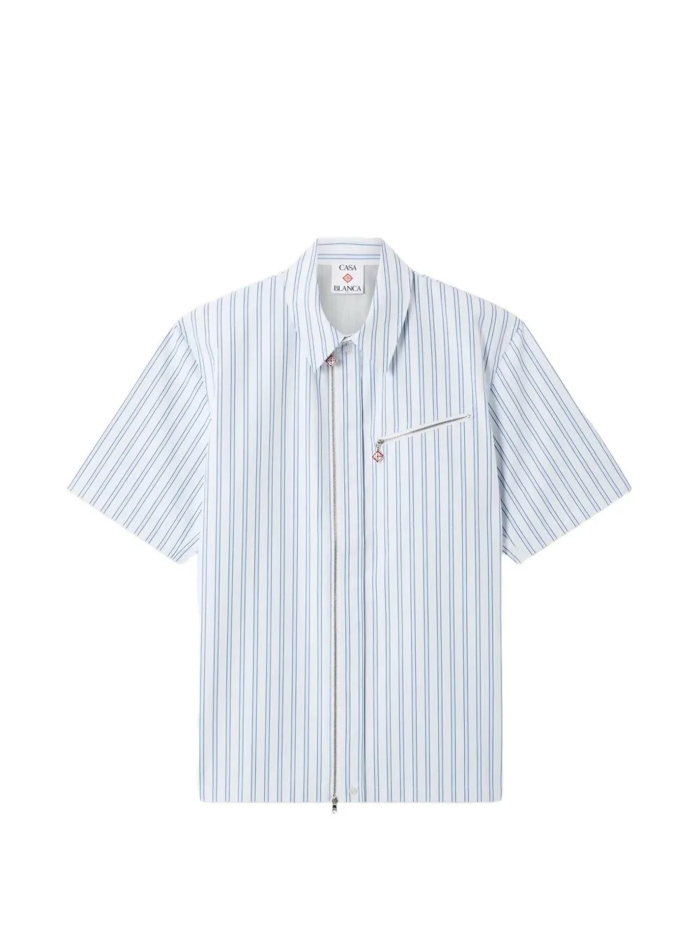 White & Blue Striped Nylon Short-Sleeve Shirt
