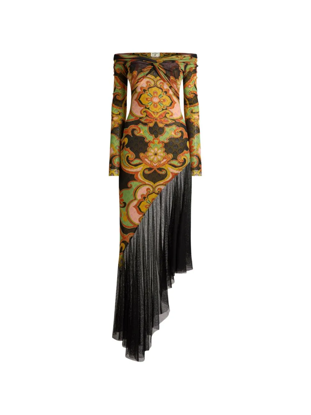 Asymmetric Tulle Midi Dress with Placed Floral Print by ETRO