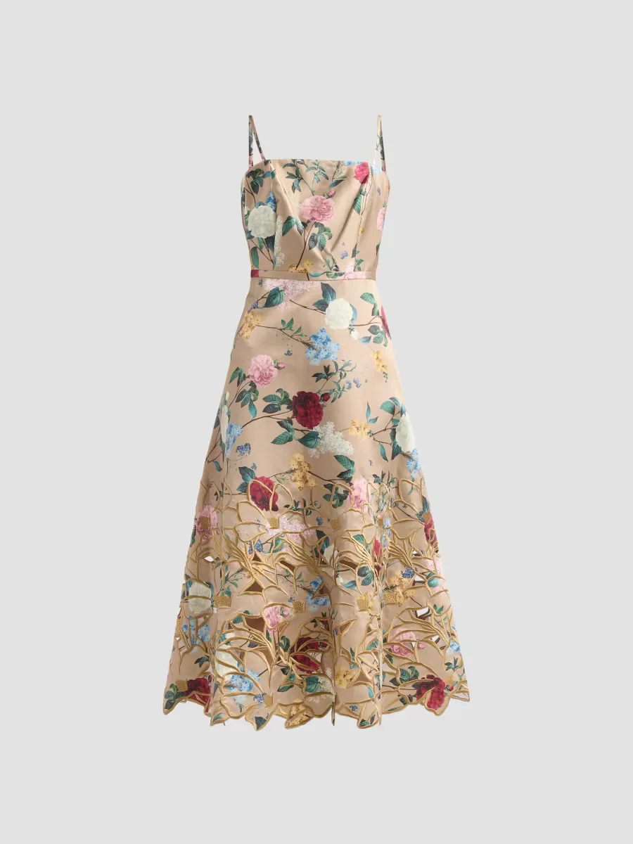 Este Floral Print Embroidered Midi Dress