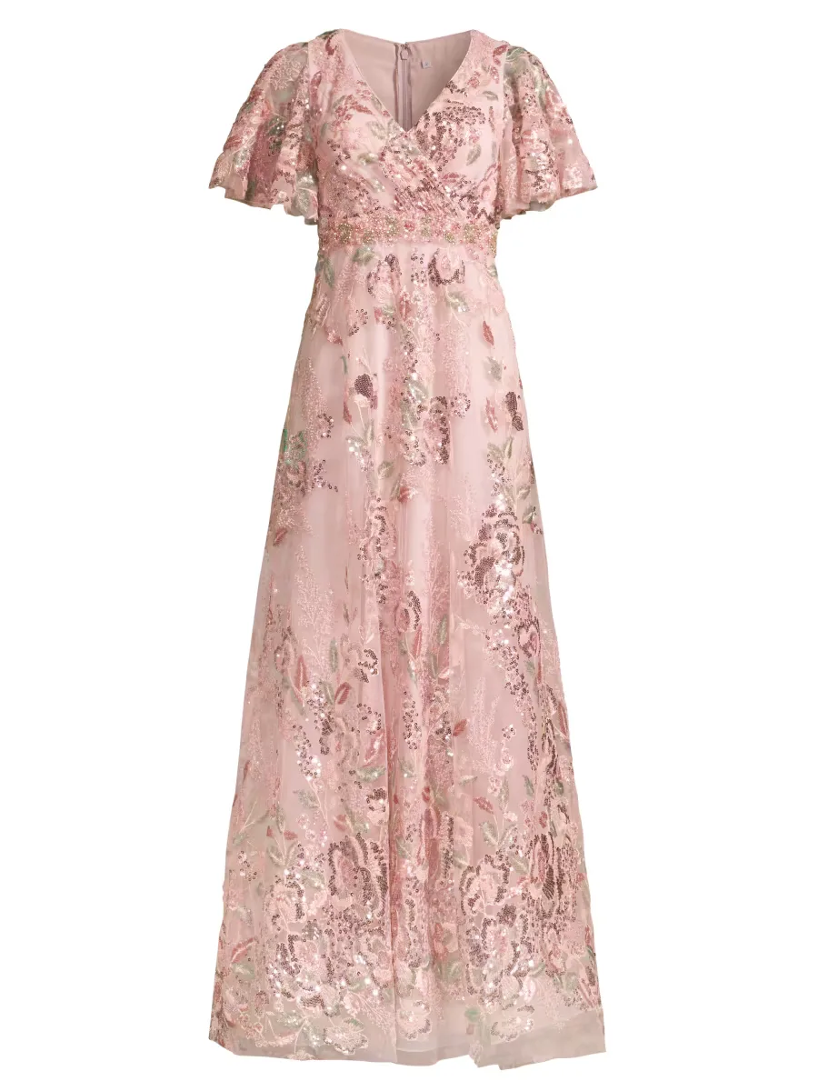 Mac Duggal Flutter Sleeve Floral Gown by M.A.C.