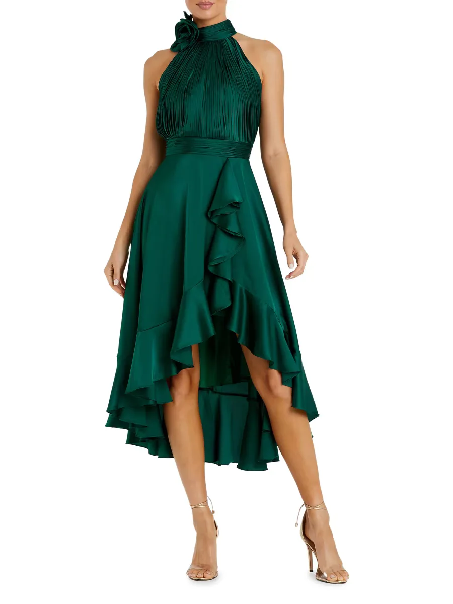 Mac Duggal Cocktail Satin Rosette-Detailed Halterneck Dress by M.A.C.