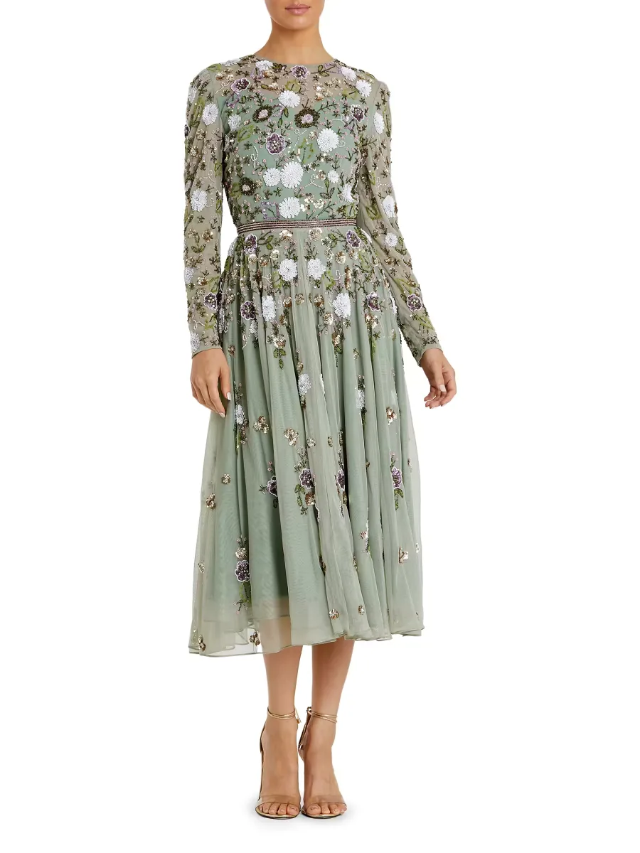 Mac Duggal Cocktail Floral Sequin Chiffon Fit & Flare Midi-Dress