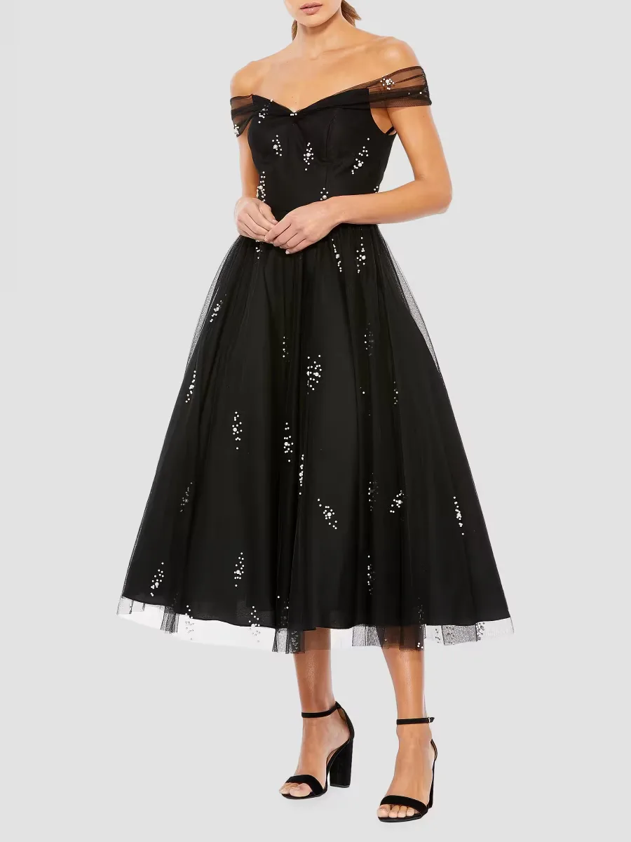Mac Duggal Embellished Off-The-Shoulder Midi-Dress