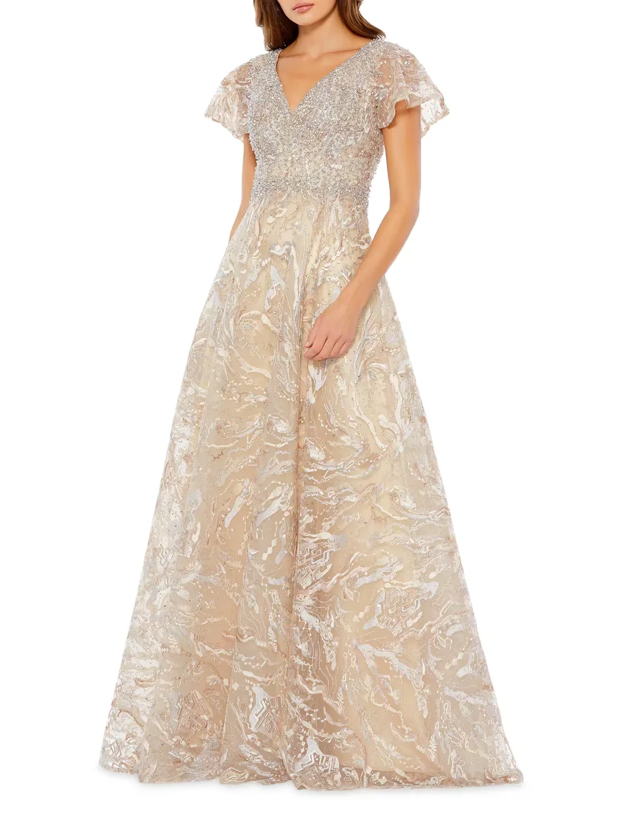 Mac Duggal Beaded & Embroidered Short-Sleeve Gown by M.A.C.