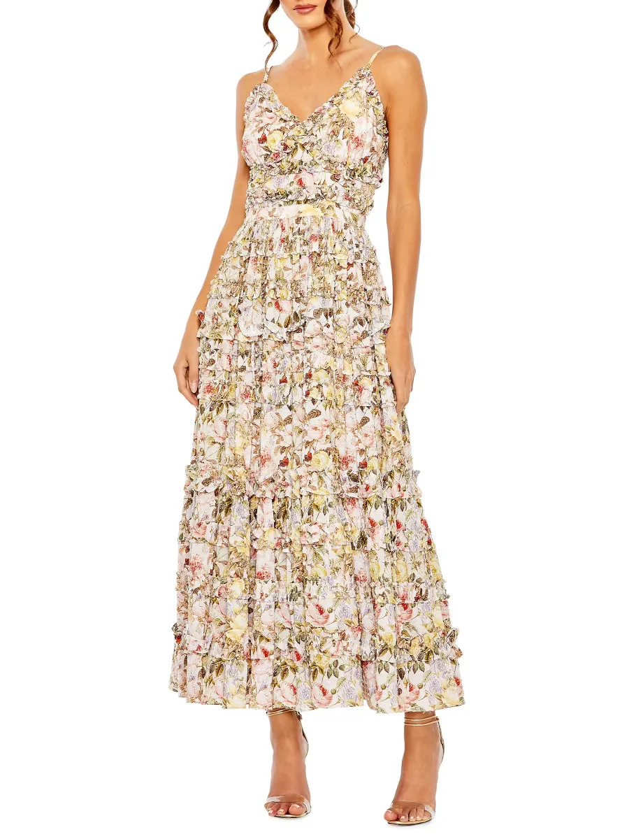 Mac Duggal Floral Textured Tiered Cocktail Dress