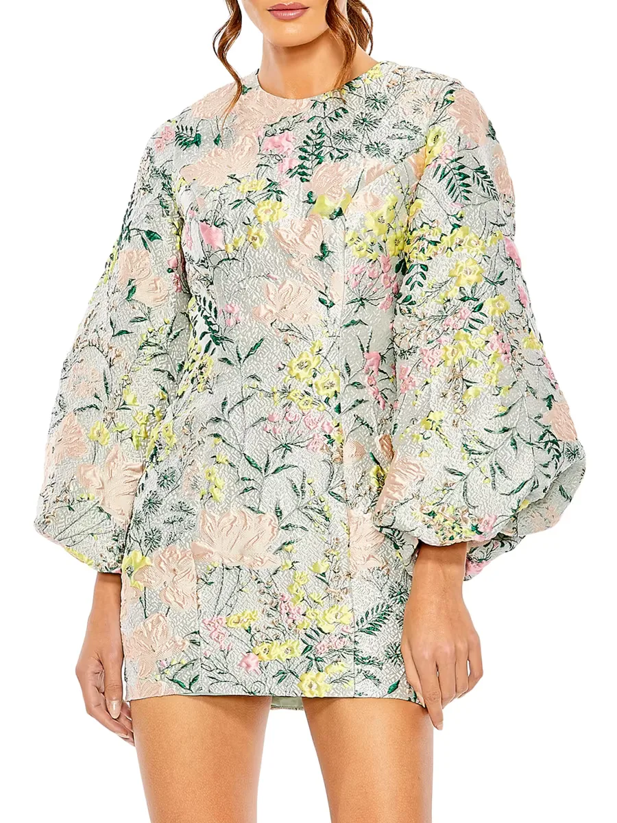 Mac Duggal Floral Brocade Puff-Sleeve Minidress by M.A.C.