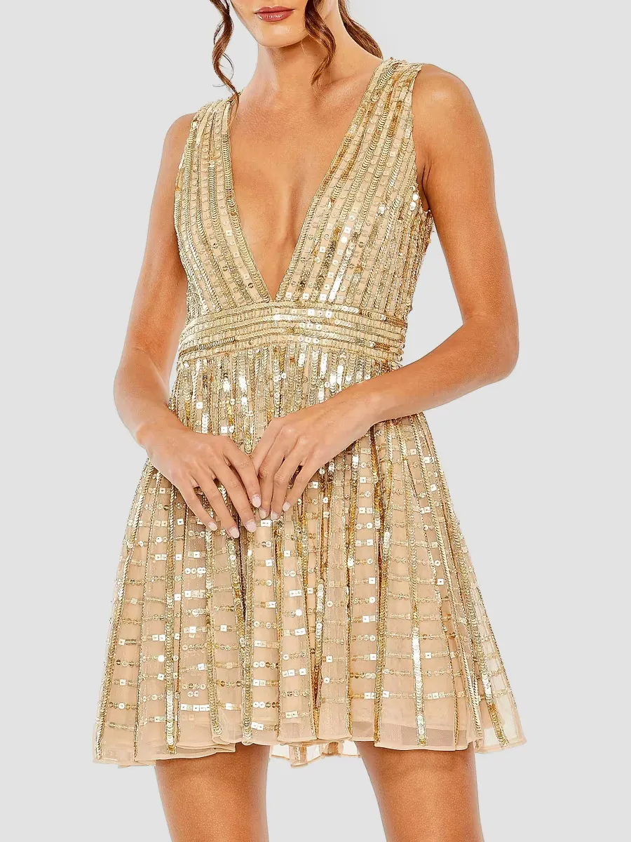 Mac Duggal Sequined V-Neck A-Line Minidress by M.A.C.