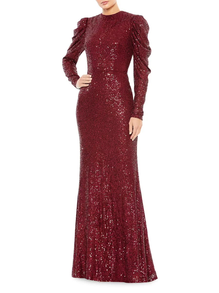 Mac Duggal Sequined Puff-Sleeve Sheath Gown by M.A.C.