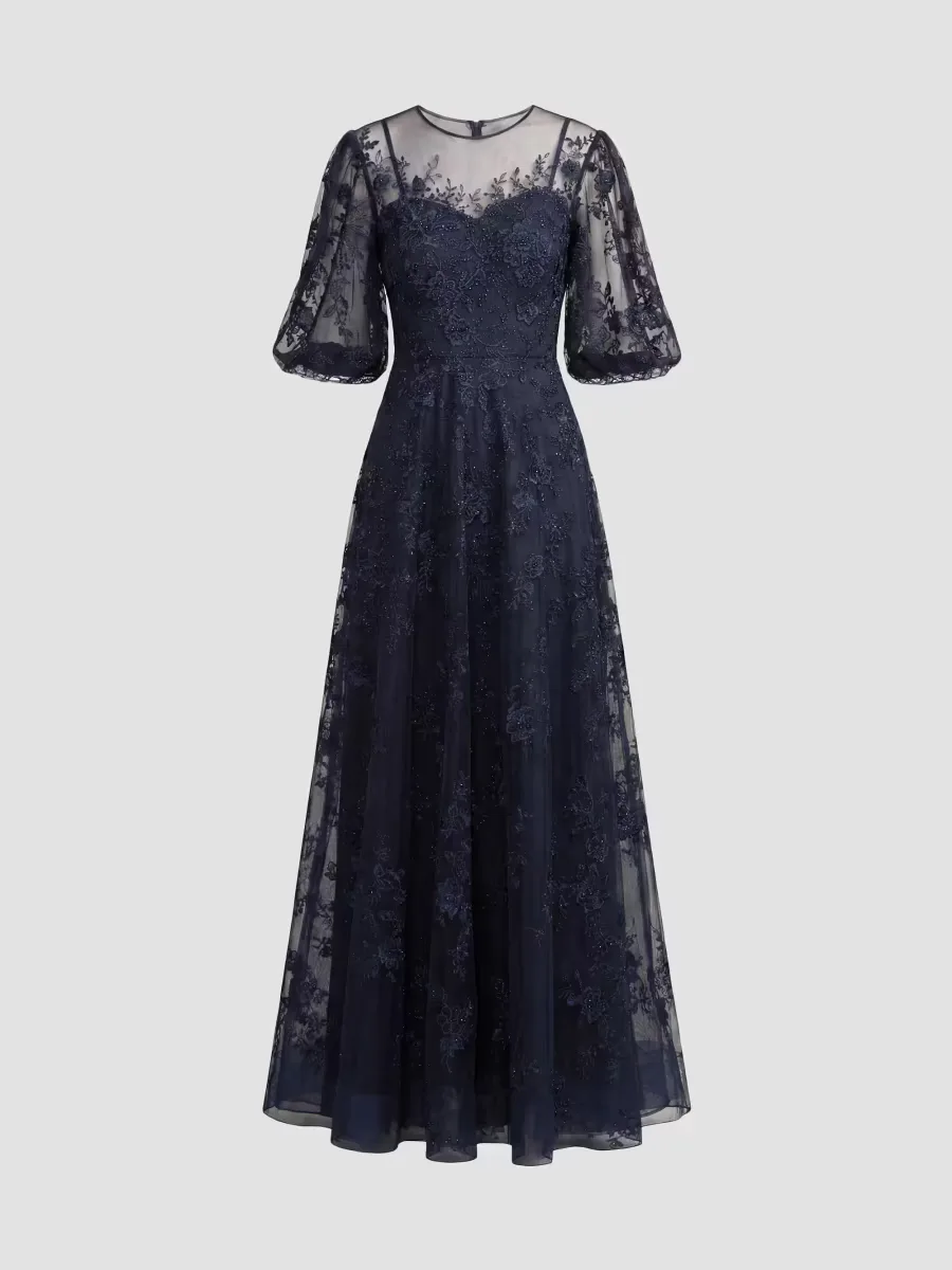 Mac Duggal Embroidered Illusion High-Neck Puff-Sleeve A-Line Gown by M.A.C.