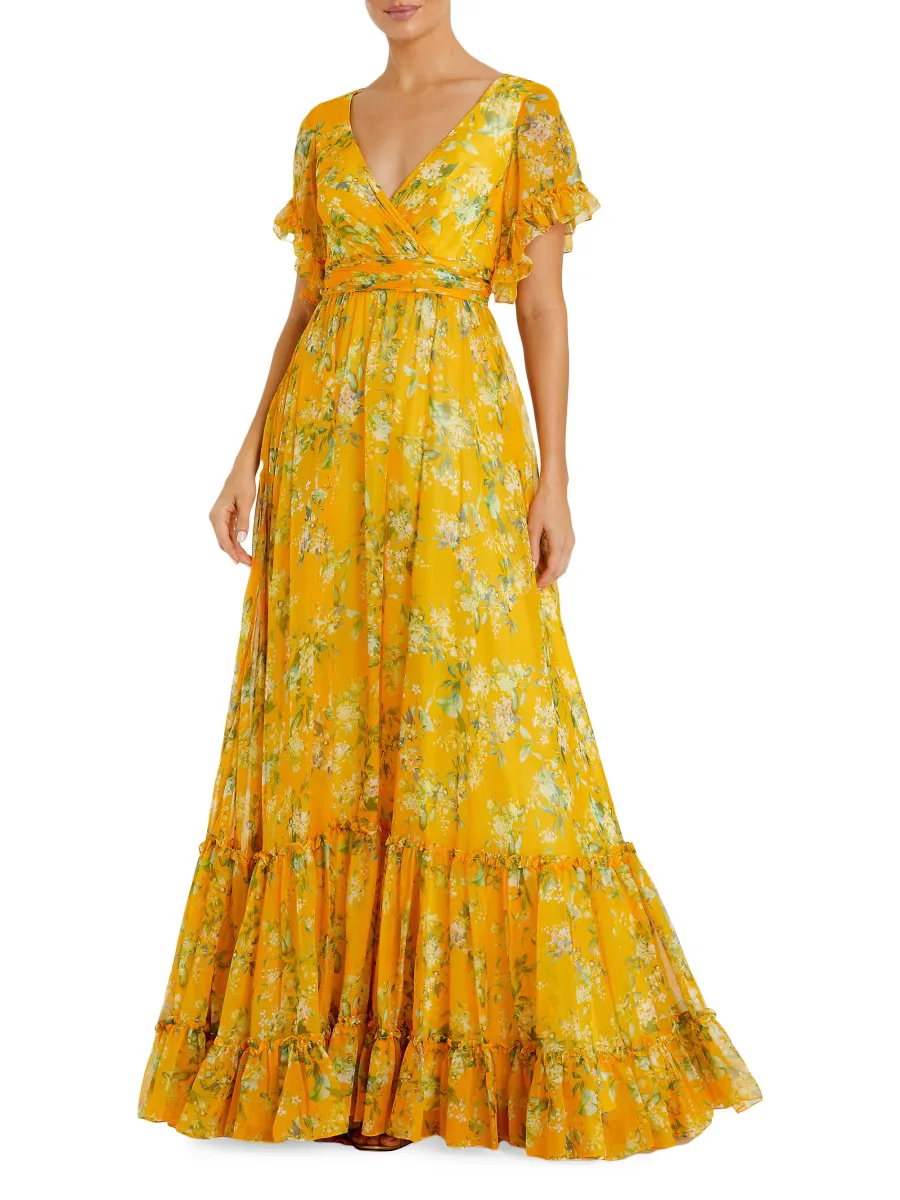 Mac Duggal Floral Flounce Sleeve Maxi Dress by M.A.C.