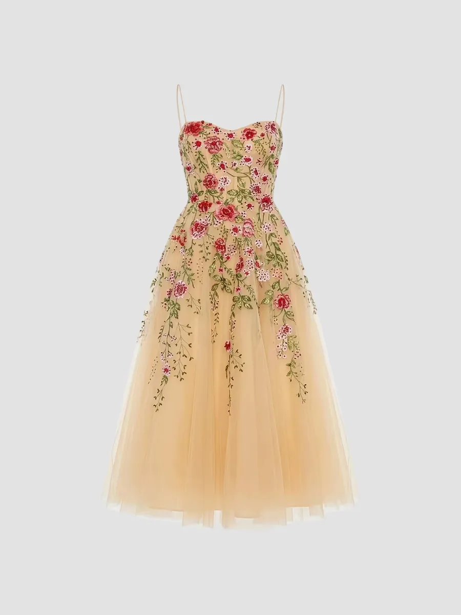Mac Duggal Cocktail Floral Embroidered Tulle Midi-Dress by M.A.C.