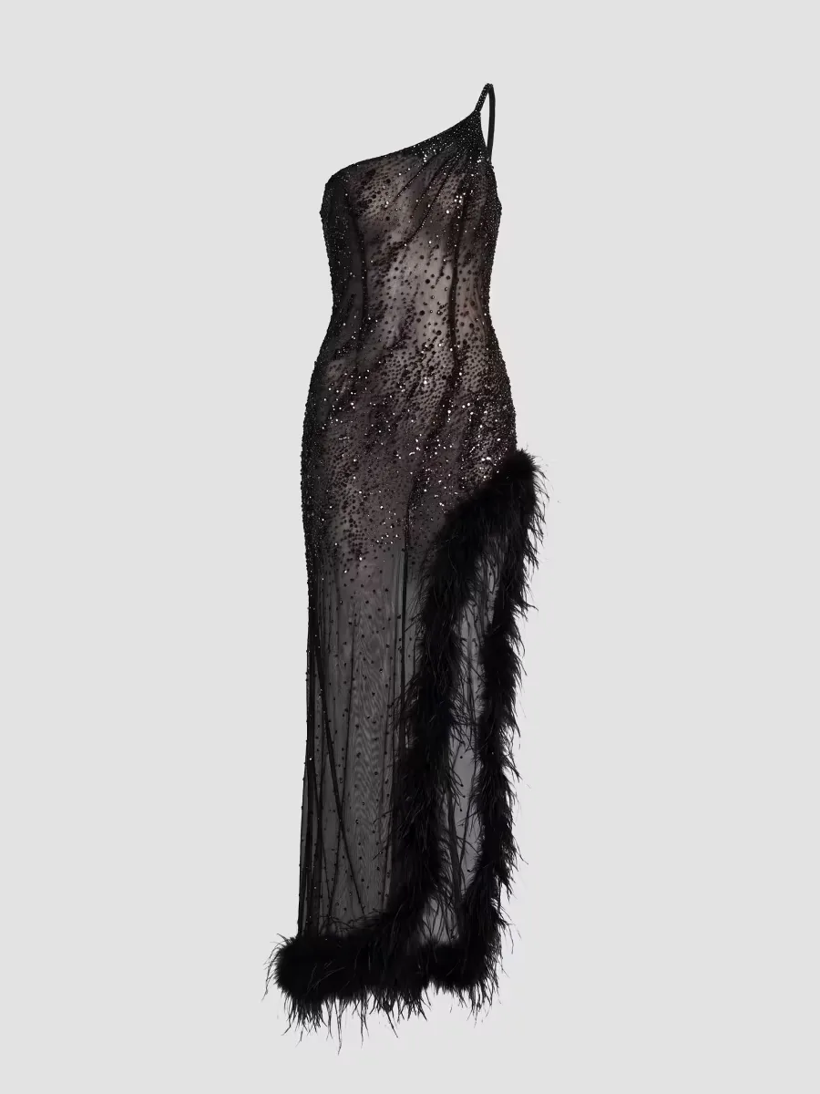 Mac Duggal One-Shoulder Beaded Feather Maxi Dress by M.A.C.