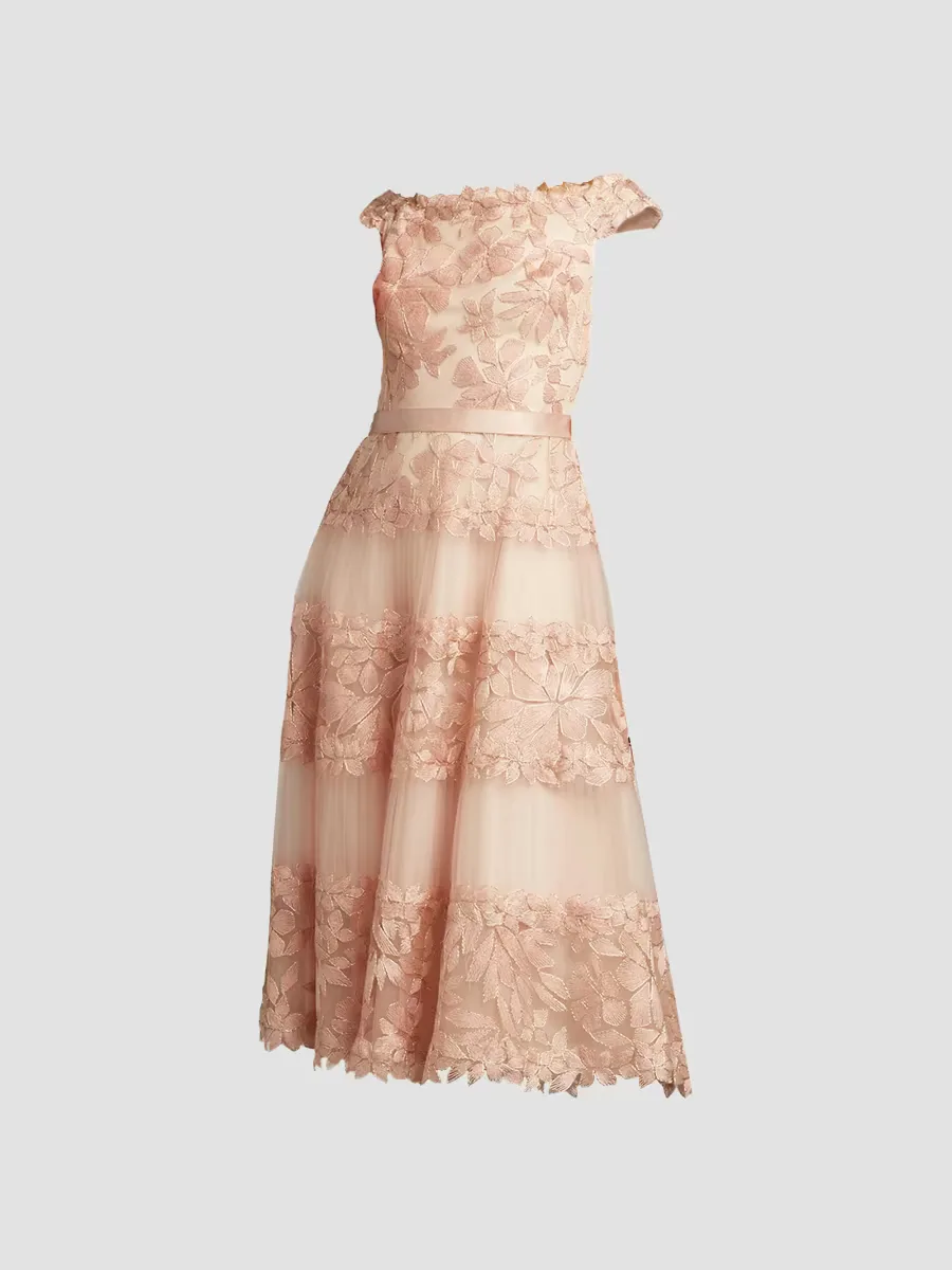 Floral Embroidered Off-The-Shoulder A-Line Dress by Tadashi