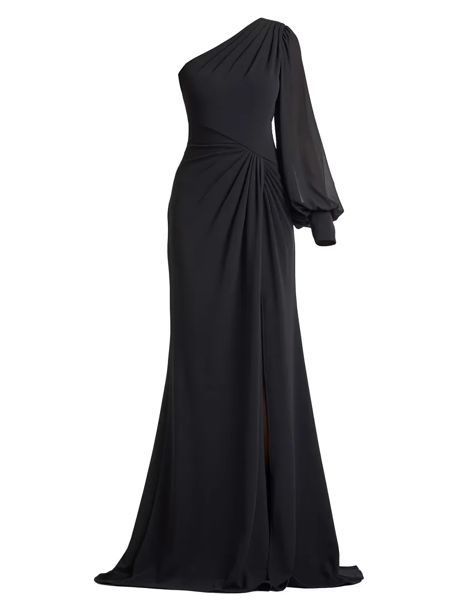 Pleated Crepe One-Shoulder Gown