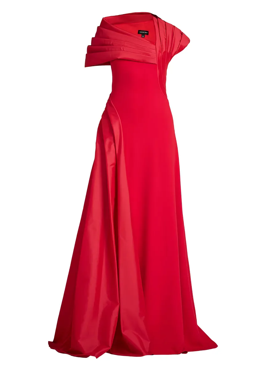 Pleated Crepe Asymmetric A-Line Gown by Tadashi