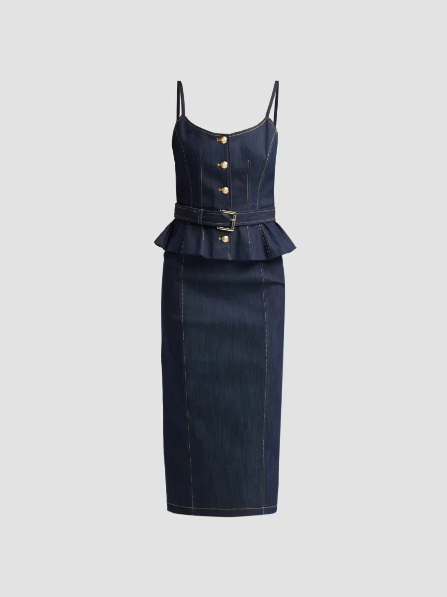 Cecilia Peplum-Waist Denim Midi Dress by Cinq  Sept
