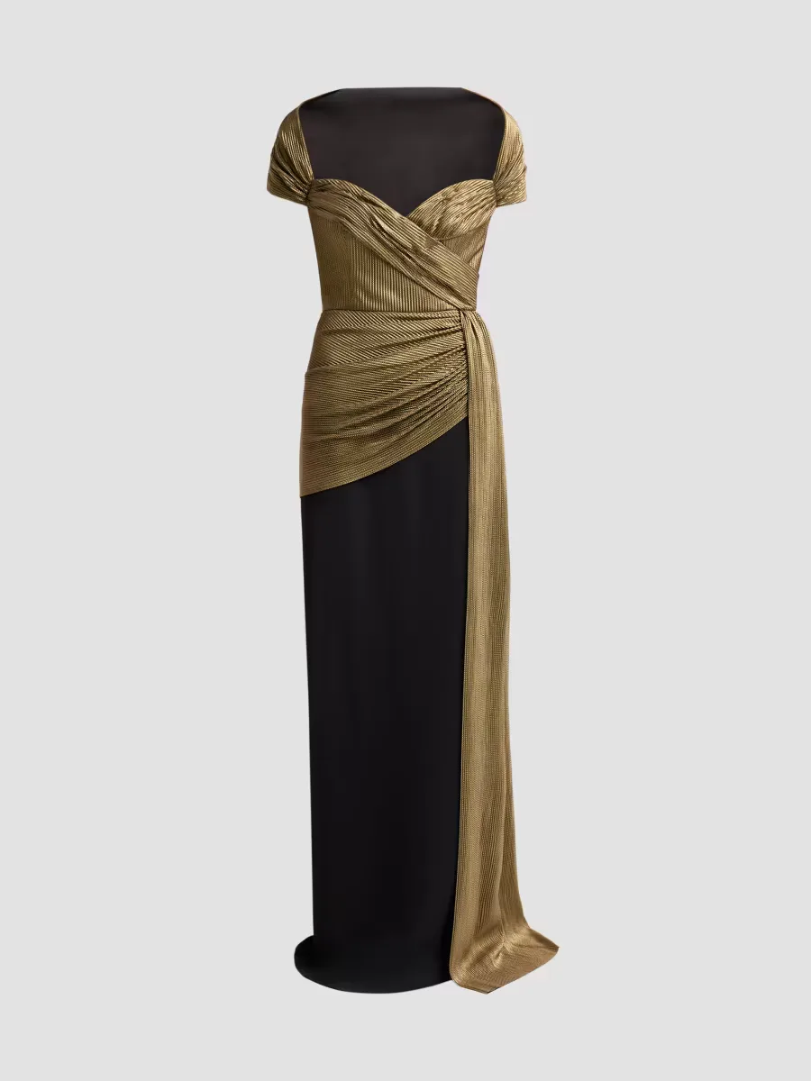 Lamé Draped Off-Shoulder Gown by Badgley Mischka