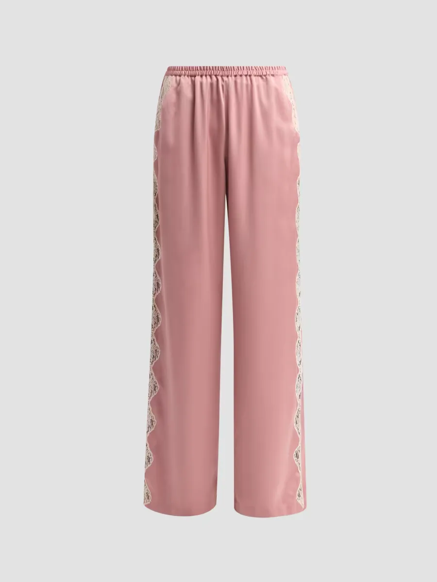 Eleska Crepe Lace-Trim Wide-Leg Pants by LoveShackFancy