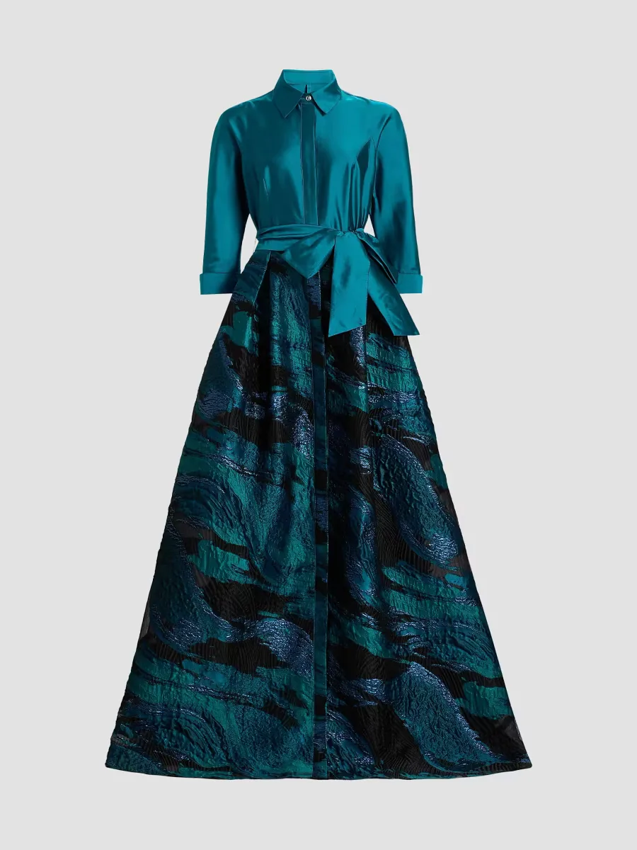 Teri Jon by Rickie Freeman Wave Jacquard Shirtwaist Gown by Teri Jon