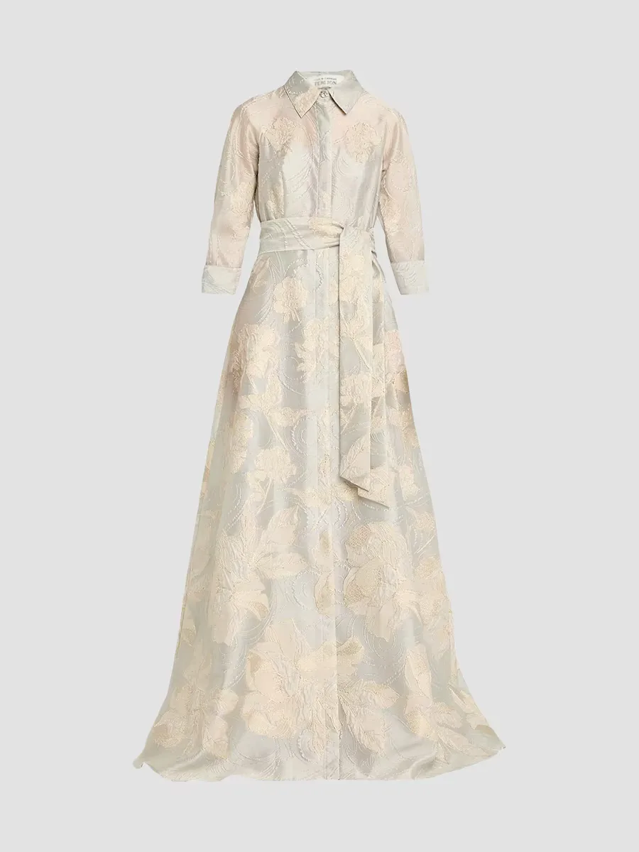 Teri Jon by Rickie Freeman Floral Metallic Jacquard Shirtdress Gown by Teri Jon