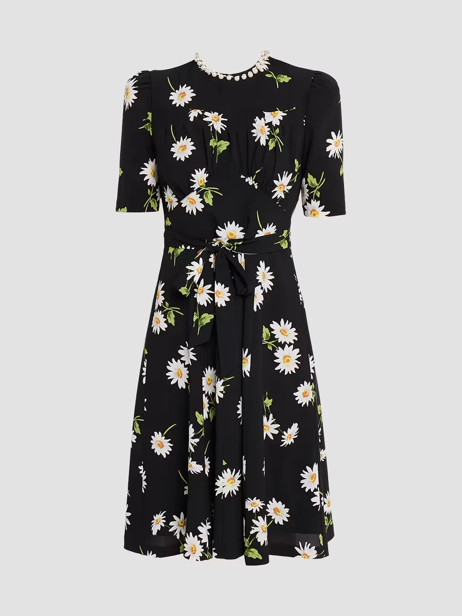 Teri Jon by Rickie Freeman Imitation Pearl-Neck Daisy Crepe Above-The-Knee Dress by Teri Jon