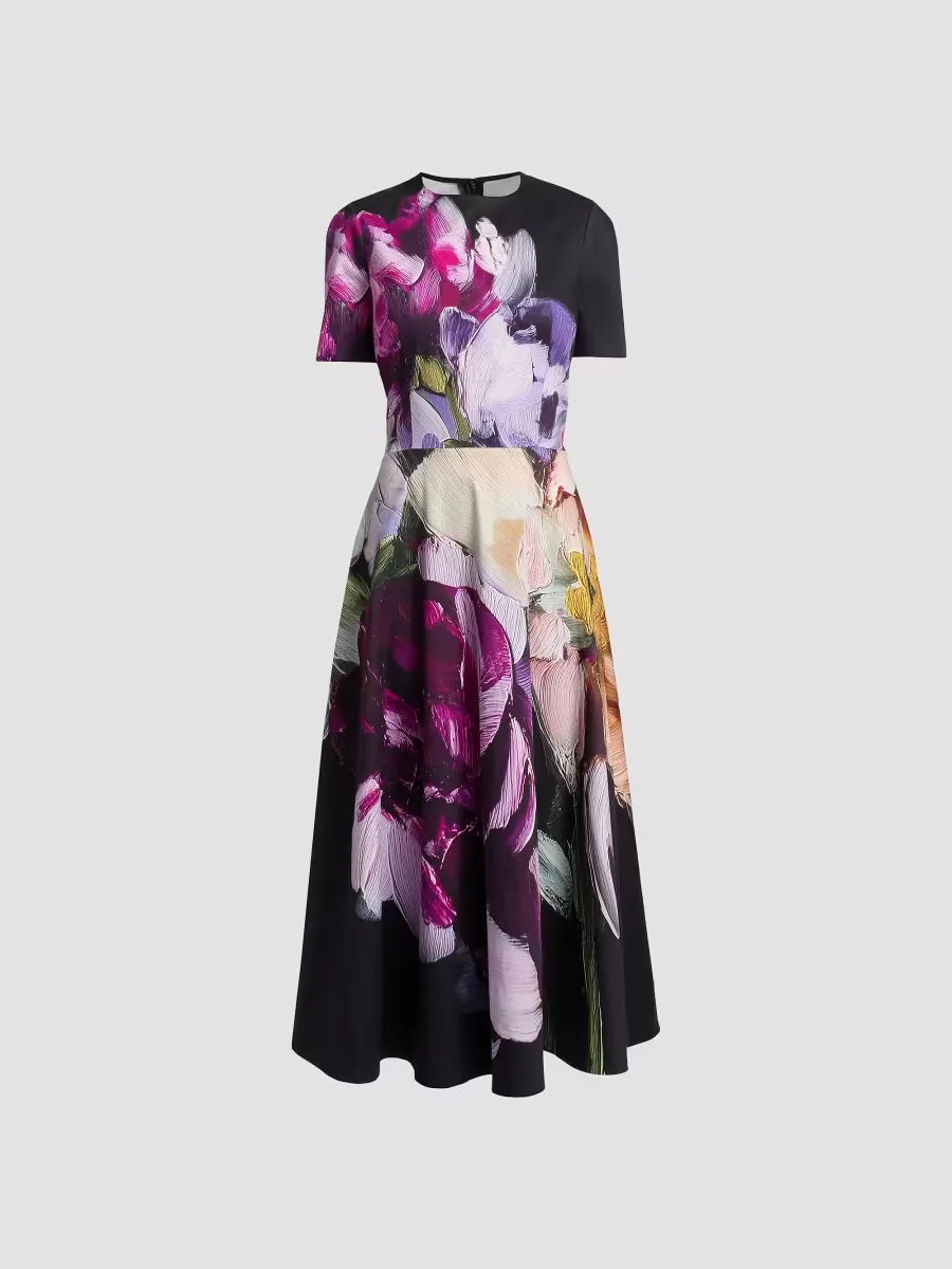 Teri Jon by Rickie Freeman Floral Cotton A-Line Midi-Dress