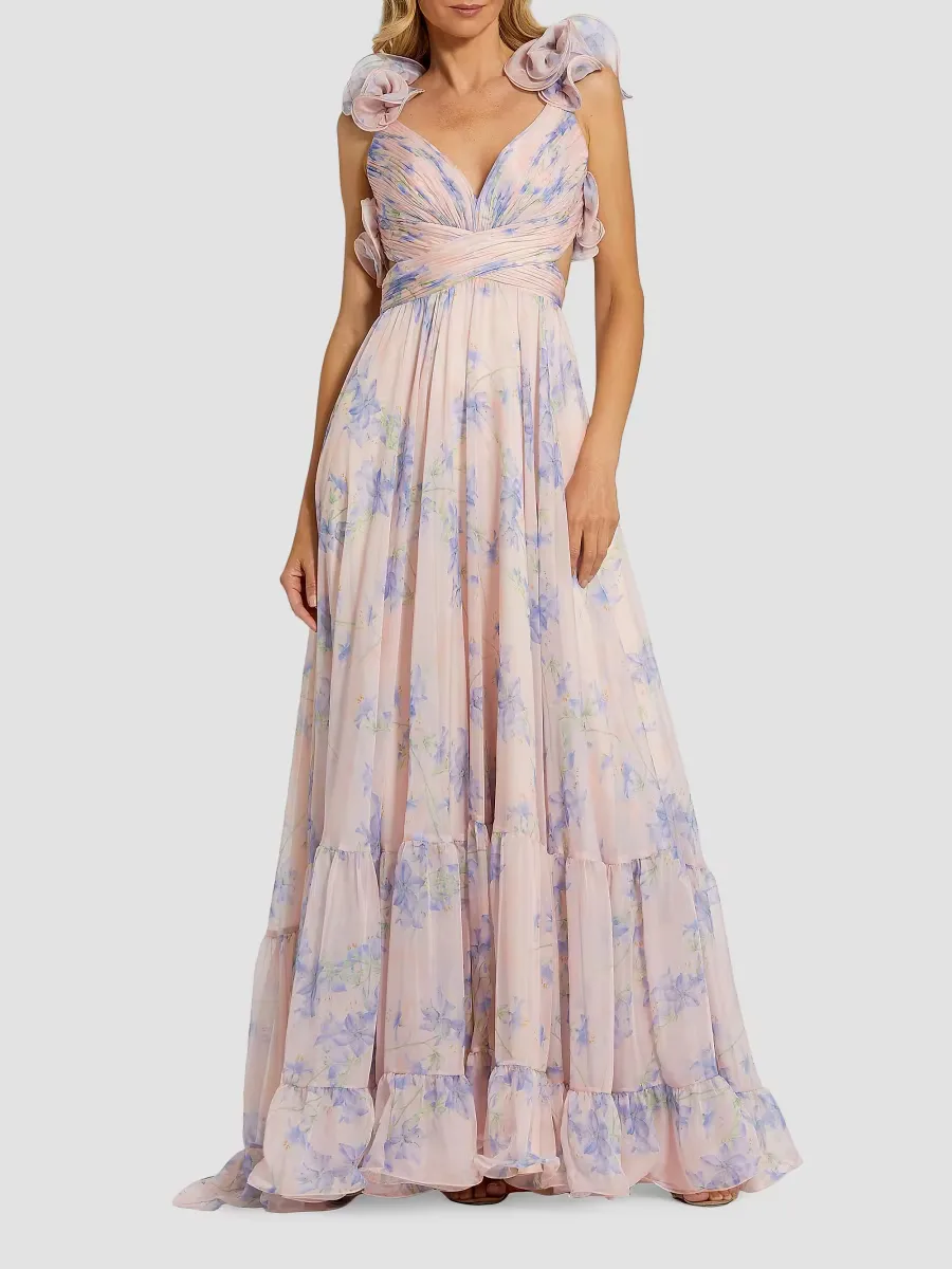 Ruffle Tiered Floral Cut-Out Chiffon Gown by M.A.C.