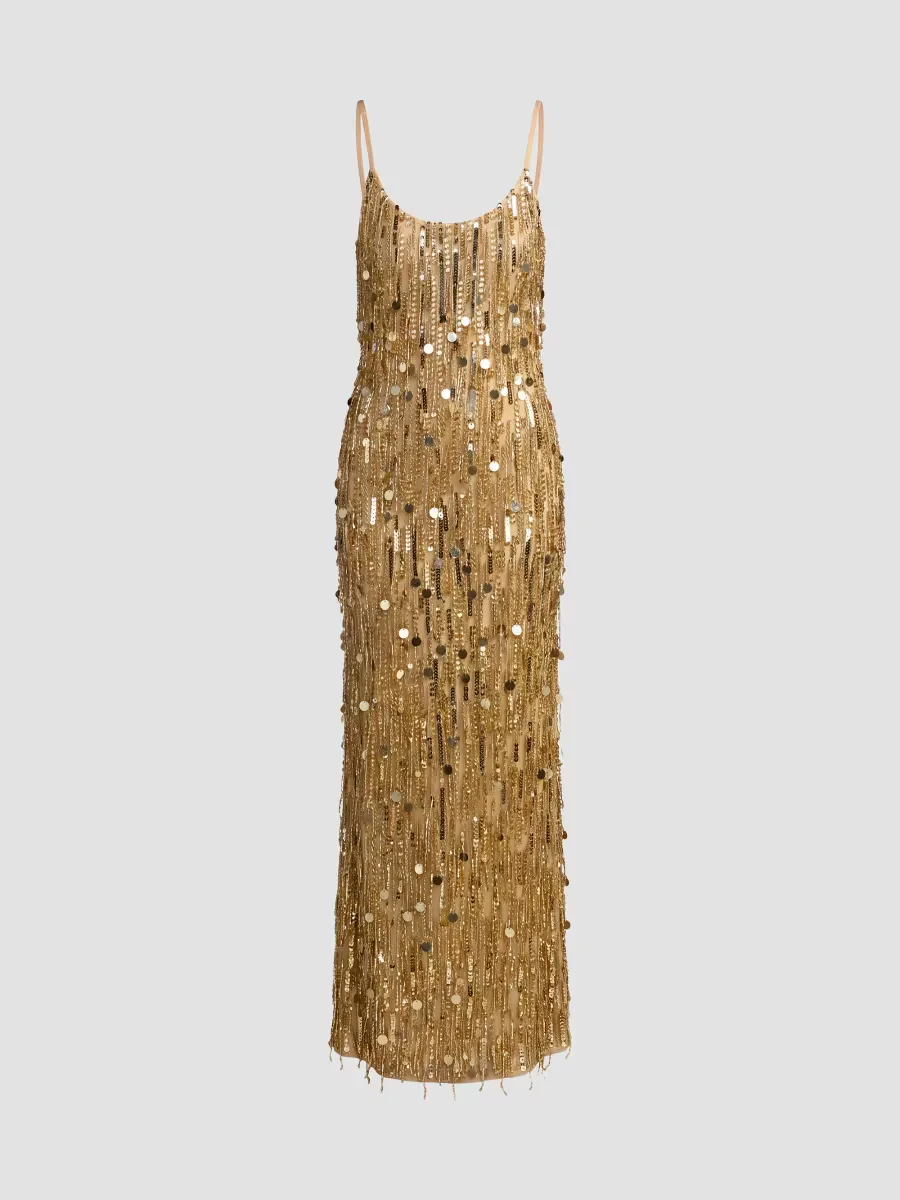 Sequin Beaded Tassel Column Gown by M.A.C.