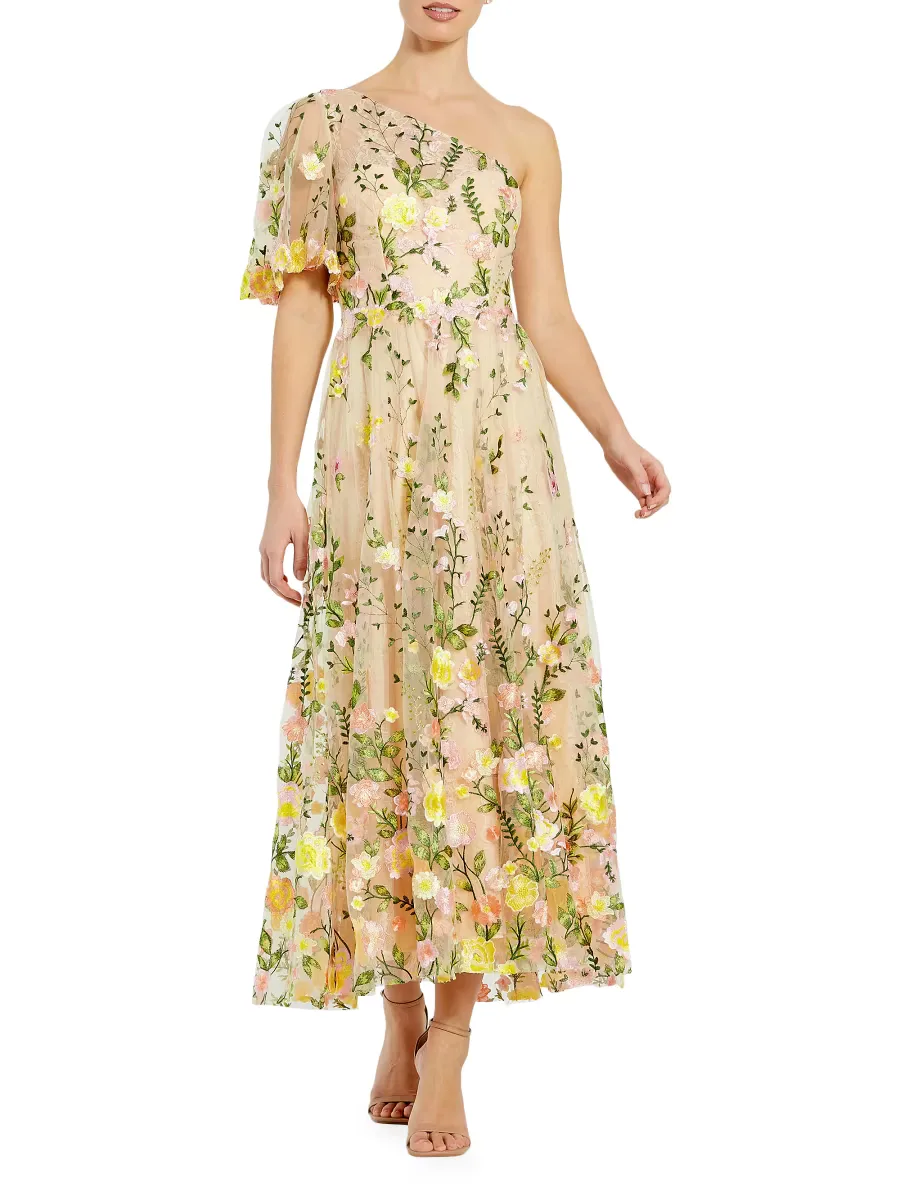 Floral Embroidered One-Shoulder Midi-Dress by M.A.C.