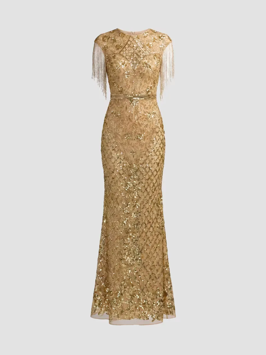 Beaded Fringe Gown by M.A.C.