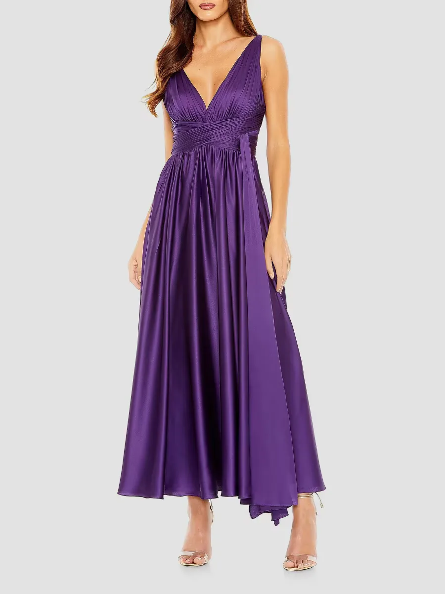 Pleated Charmeuse Halter A-Line Gown by M.A.C.