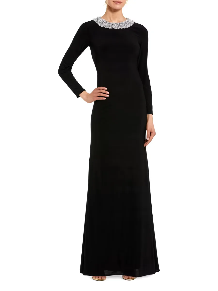 Beaded Jersey Long-Sleeve Gown