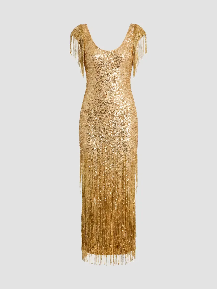 Sequin-Embellished Fringed Mesh Dress by M.A.C.