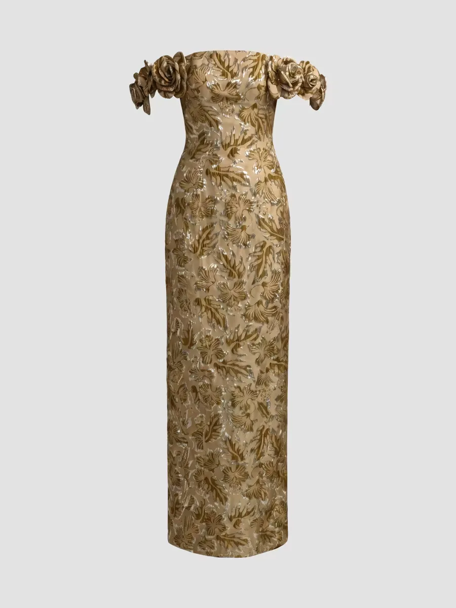 Brocade 3D Flower Off-The-Shoulder Gown by M.A.C.