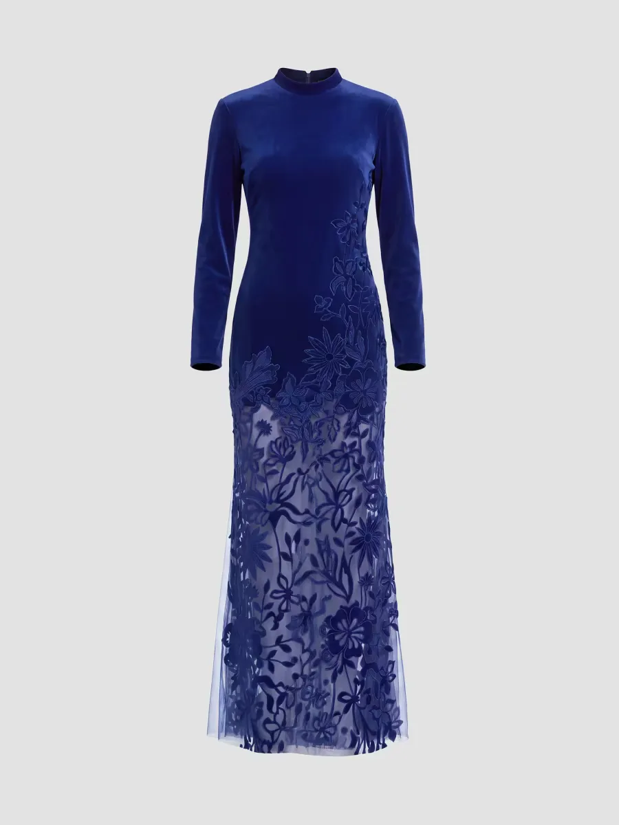 Floral Mixed-Media Long-Sleeve Gown by M.A.C.