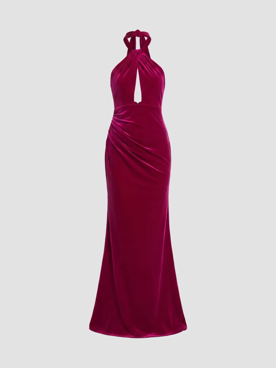 Draped Velvet Halter Column Gown by M.A.C.