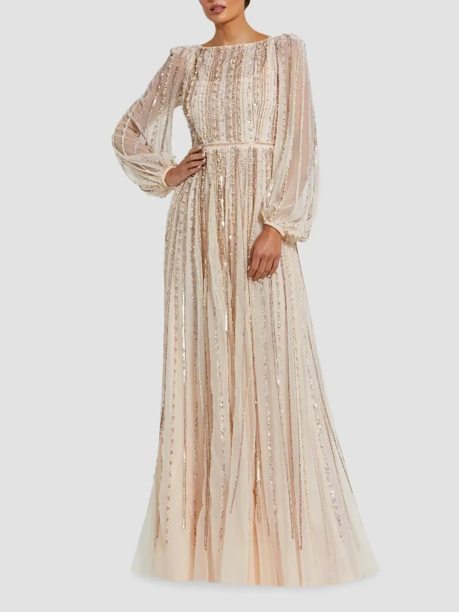 Striped Beaded Chiffon Boatneck Gown by M.A.C.