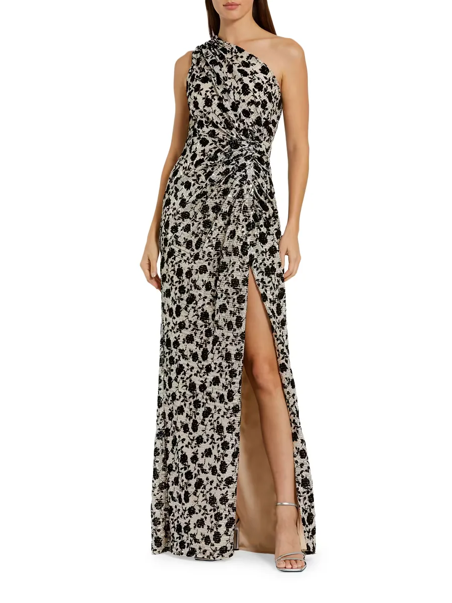 Floral Sequin One-Shoulder Gown by M.A.C.