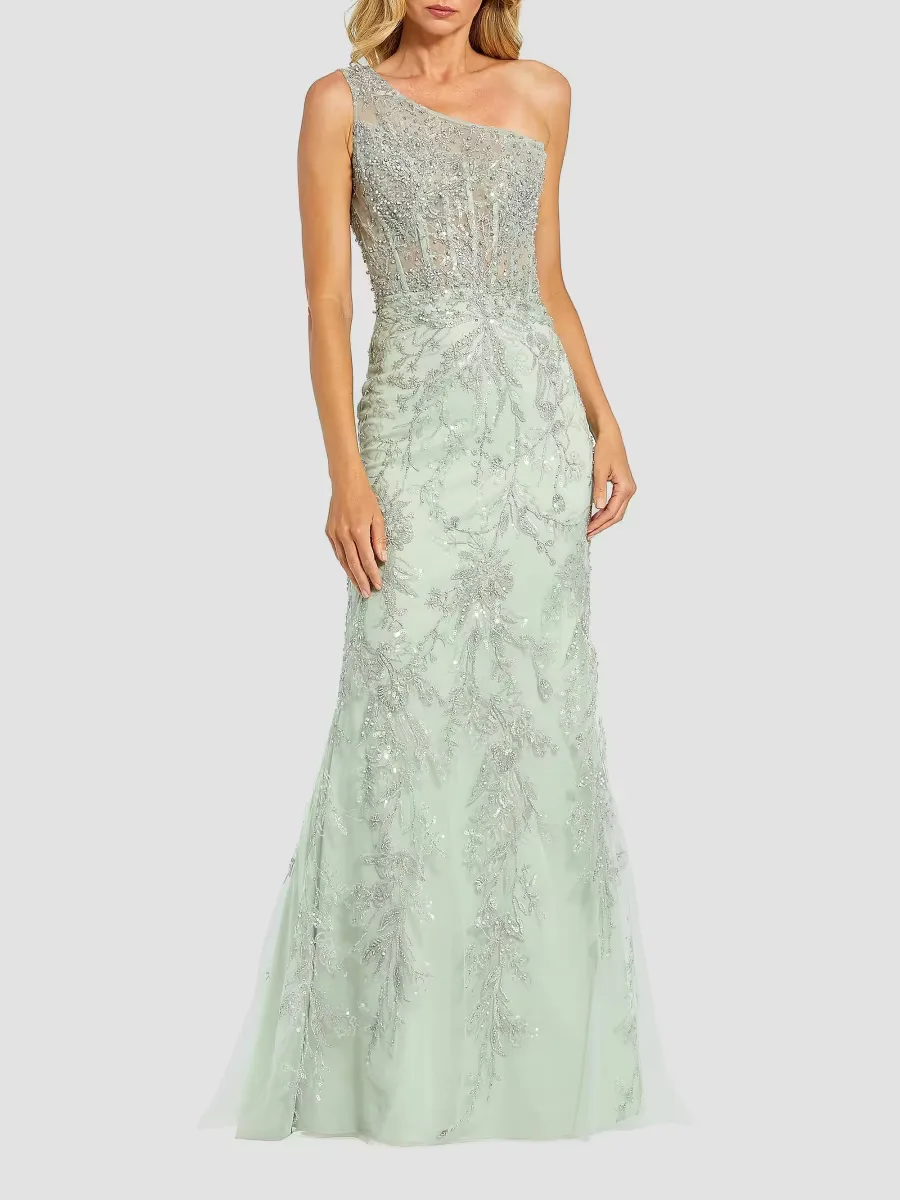 Embellished One-Shoulder Gown by M.A.C.