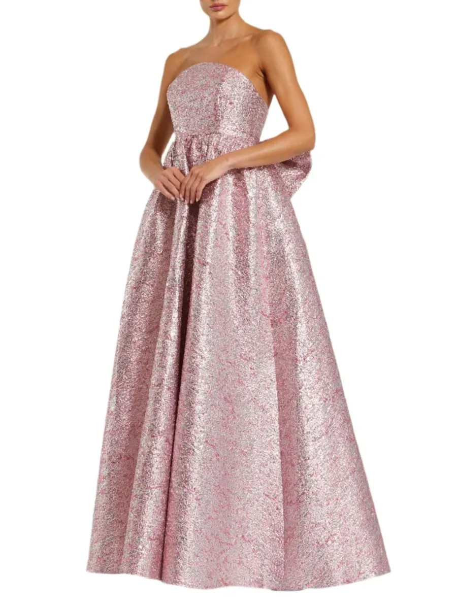 Evening Metallic Brocade Bow Strapless Gown by M.A.C.