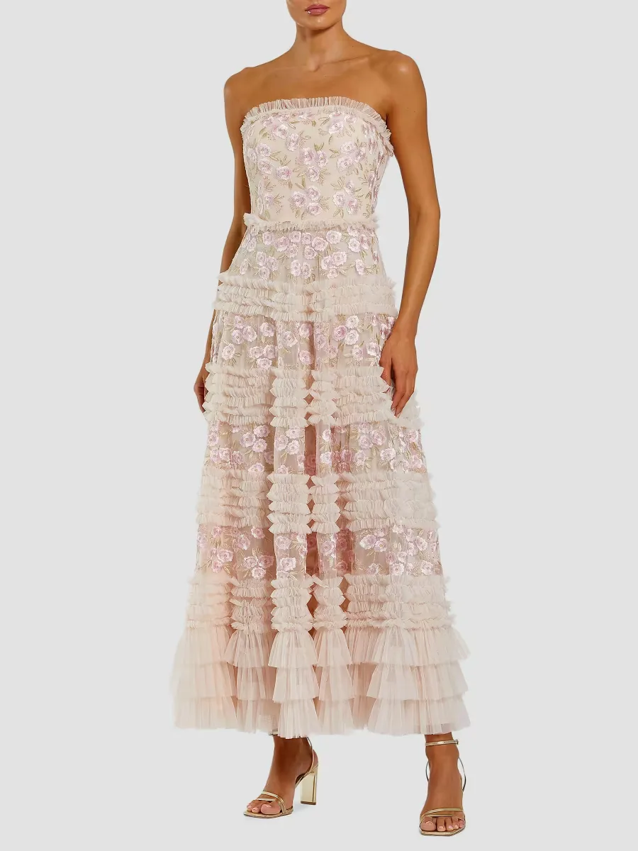 Floral Embroidered Mesh Strapless Midi-Dress by M.A.C.