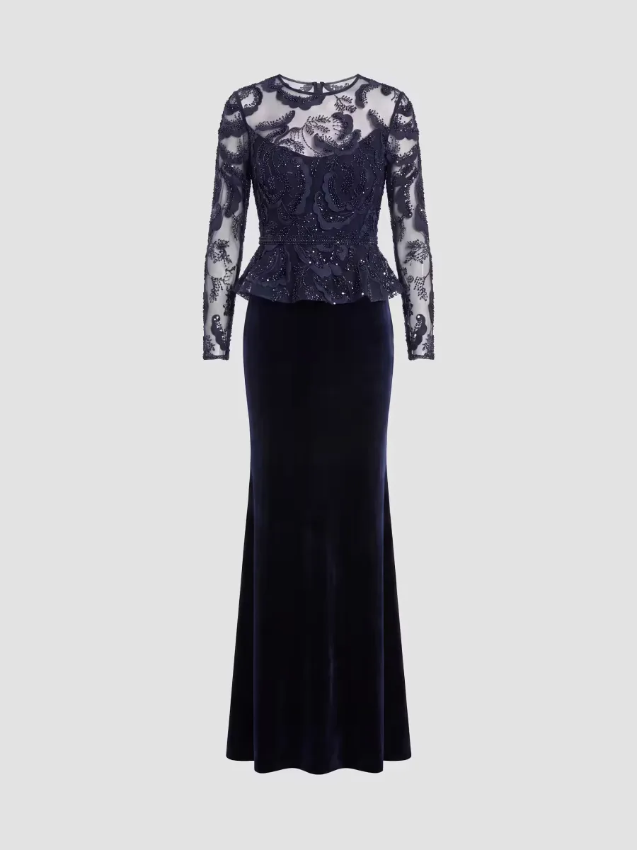Mac Duggal Embroidered Peplum Velvet Gown by M.A.C.