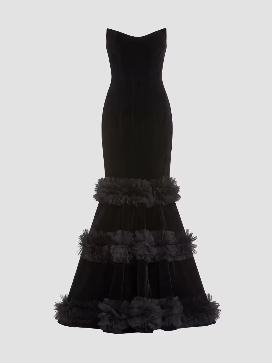Mac Duggal Velvet Ruffle Tiered Strapless Gown