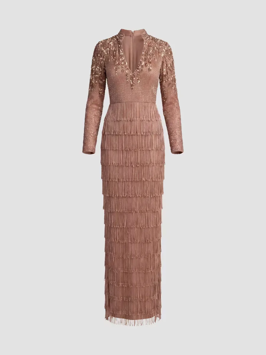Mac Duggal Beaded Fringe V-Neck Column Gown by M.A.C.